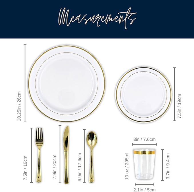Tableware Dinnerware Set, Premium Heavyweight, Reusable or Disposable Party Plates, Includes Dinner Plate, Dessert Plate, Cutlery, and Cup (Gold, 150-Piece Set, Serves 25 Guests)