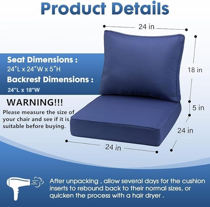 Outdoor Deep Seating Cushion Set, 24" x 24", Waterproof & Fade Resistant Patio Furniture Cushions with Handle, Deep Seat and Back Cushion for Chair and Sofa (2, Blue)