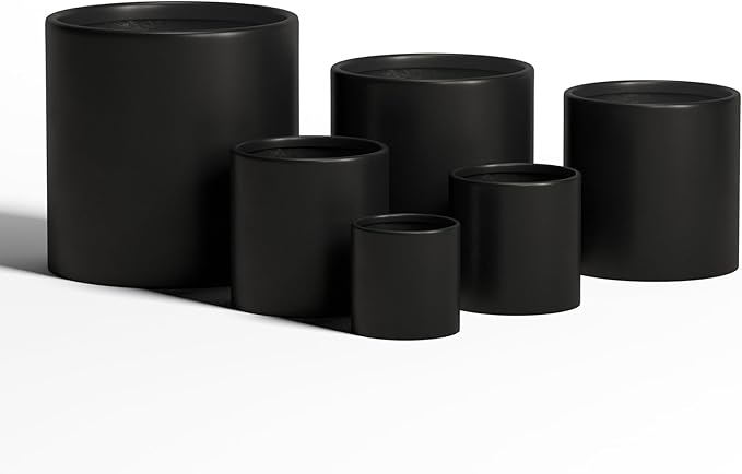 DTY Signature Mount Powell Fiberstone Planter - 12 Inch Medium Black Cylindrical Mid-Century Modern Home Decor Indoor & Outdoor Plant Pot - Durable Planters for Indoor Plants, Outdoor Spaces