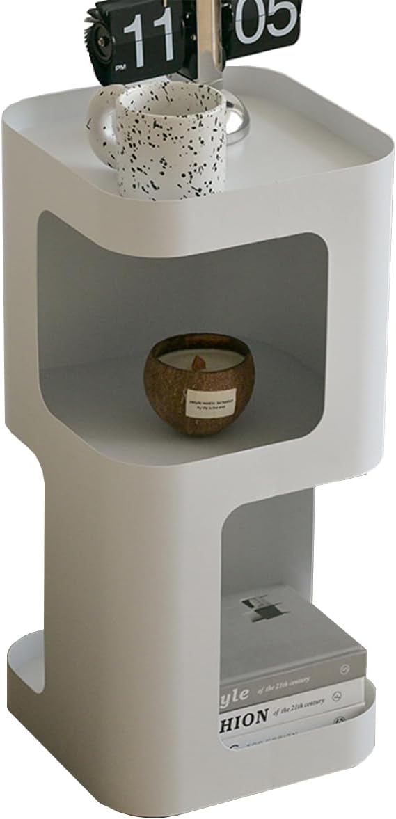 Modern Side Table,Small end Table for Small Spaces,Metal nightstand with Storage Shelf,Space-Saving Bedside Table Accent Table Drink Tables for Living Room,Bedroom.No Assembly Required (White)