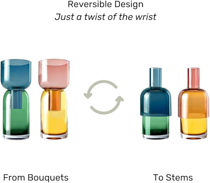 Cloudnola Reversible Glass Flower Vase and Bud Vase Set of 2, Blue & Green and Pink & Yellow, Ideal Gift Set, for Home, Wedding, and Event Decor
