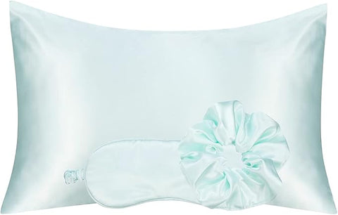 Vegan Silk Sleep Set, Silky Pillowcase with Large Scrunchie and Eye Mask for Hair and Skin, Self Care Essential Satin Night Routine Kit (Mint Blue Color)