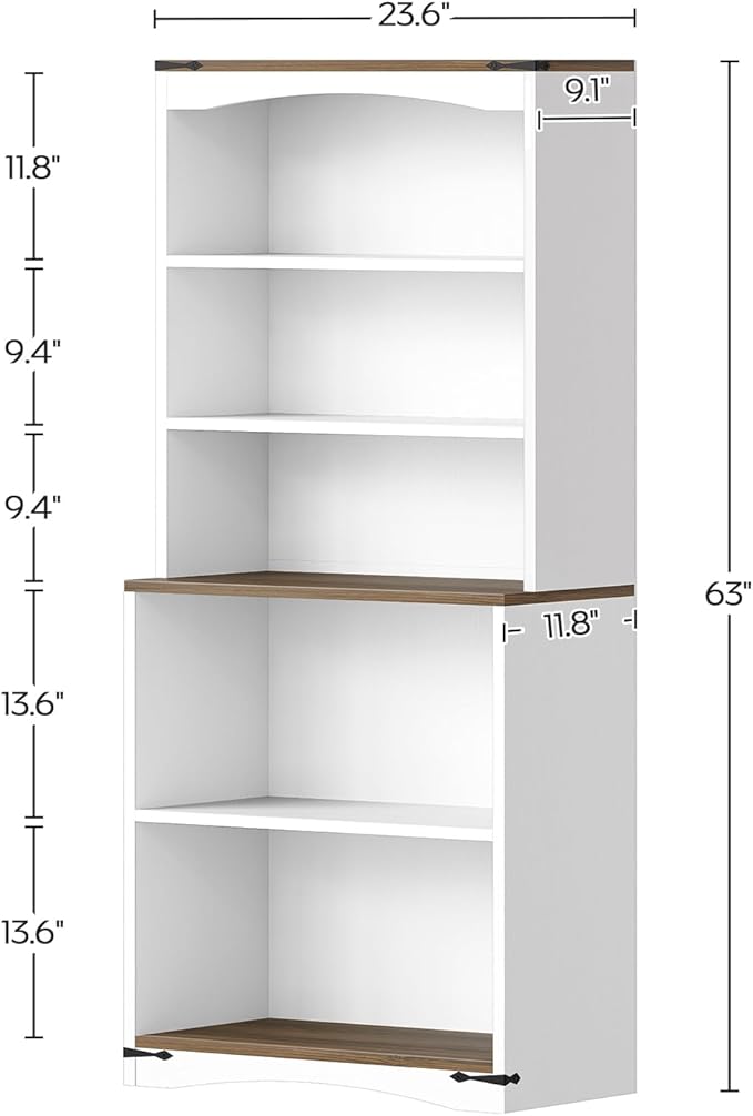 Tall Bookcase and Bookshelf, 6-Tier Bookcase with Storage, 63" Wooden Bookshelf, Farmhouse Freestanding Display Storage Shelves for Home Office, Living Room, White and Natural SJ09WH