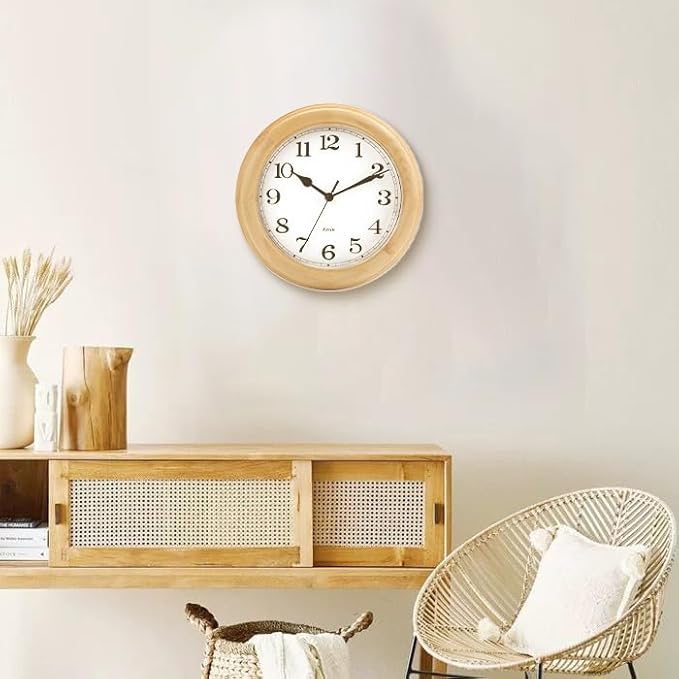 Wooden Analog Wall Clock, 11 inches Round Wall Clocks Battery Operated Silent Non-Ticking, Large Roman Numerals, Traditional Design for Kitchen Living Room Classroom Gym, Natural Grain