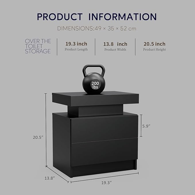 Black Nightstands Set of 2 LED Night Stand Set 2 Modern Bedside Table with 2 Drawers Side Table with LED Lights for Bedroom,Living Room