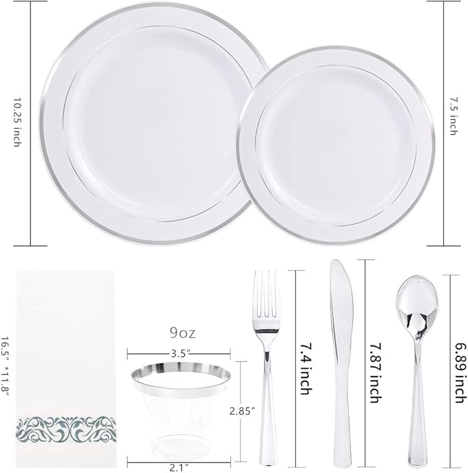 bUCLA 350PCS Silver Plastic Dinnerware Set for 50 Guests - Silver Plates Disposable Include 50 Dinner & 50 Dessert Plates,50 Forks,50 Knives,50 Spoons,50 Cups,50 Napkins for Party