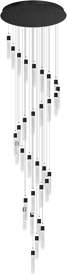 Large Crystal Chandeliers for High Ceiling H150inch Large Spiral Crystal Column Chandelier Lighting Fixture for Foyer Stair 32-Light Black