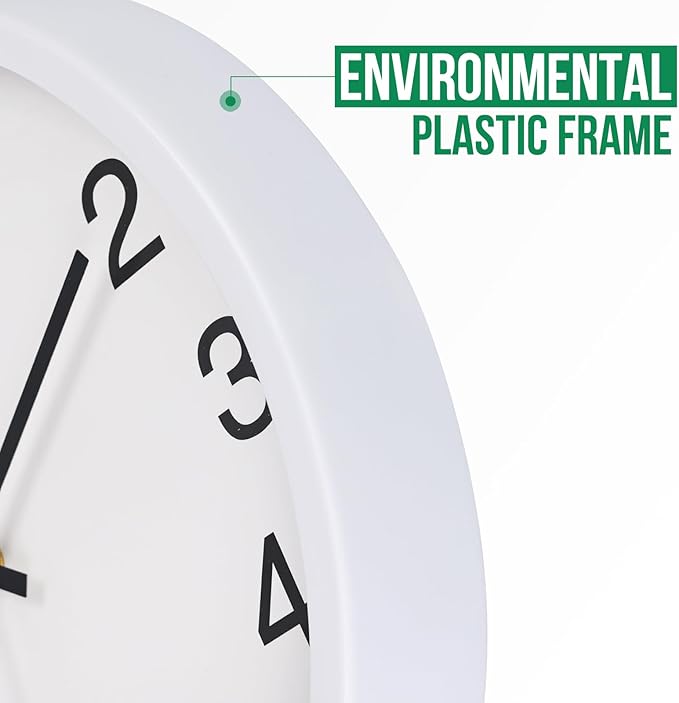Wall Clock Non-Ticking Silent Quartz Movement Decor Clock Modern Simple Style Round Plastic Wall Clocks for Home/Office/School/Living Room/Bedroom/Kitchen (White, 12 Inch)