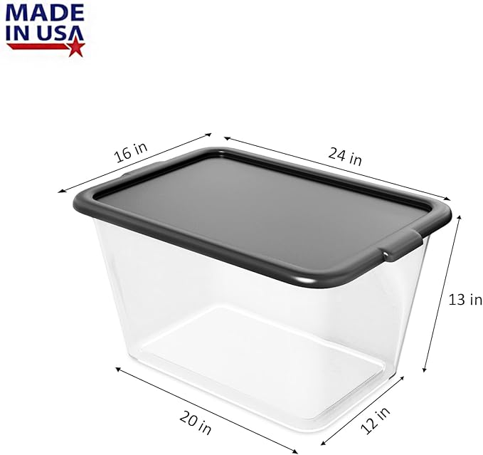 Storage Totes with Lids - Made in USA 14.5-Gallon (58-Quart) 4-Pack storage bins with lids plastic storage containers large storage boxes for Organizer Black/Clear