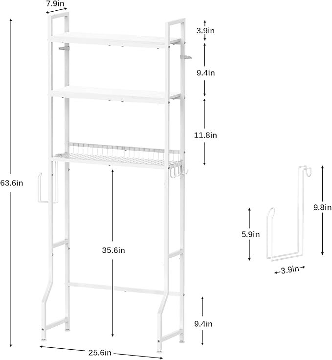 Over Toilet Storage 3 Tier Bathroom Organizer Over Toilet Above Toilet Storage Rack Freestanding Bathroom Space Saver Over Toilet Bathroom Organizer White for Restroom, Laundry, Wooden