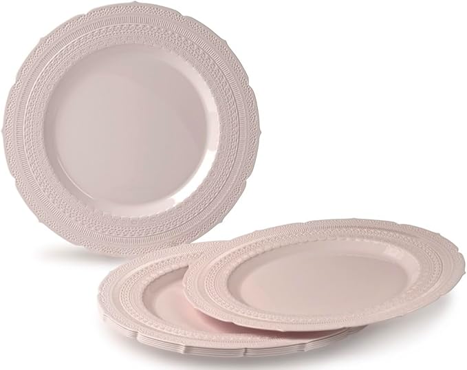 " OCCASIONS " 240 Plates Pack,(120 Guests) Extra Heavyweight Vintage Wedding Disposable/Reusable Plastic Plates 120x11'' Dinner+120 x 8.25'' Salad/Dessert Plate (Chateau Blush Pink)
