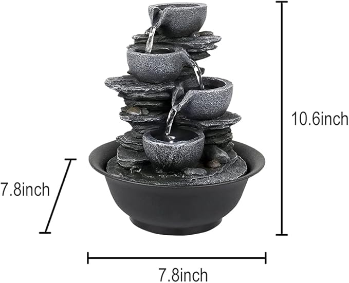 10.6” High Cascading Tabletop Fountain w/LED Light - 4-Tier Bowls Rock Water Fountains Indoor Small Relaxation Waterfall Feature for Home, Office and End Table Decoration (10.6" high, Gray)