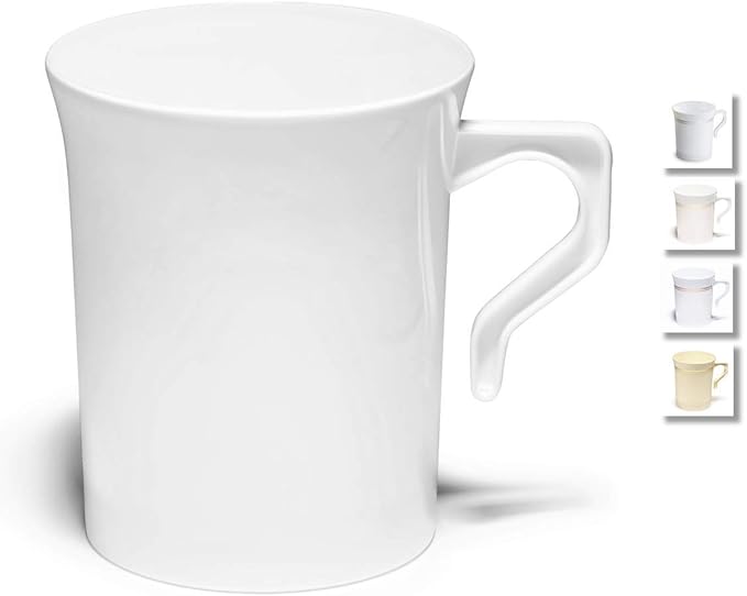 " OCCASIONS " 120 Mugs Pack, Heavyweight Disposable Wedding Party Plastic 8 oz Coffee Mugs/Tea Cups/Cappuccino Cups/Espresso Cup with Handles (8 oz Mugs, Plain White)
