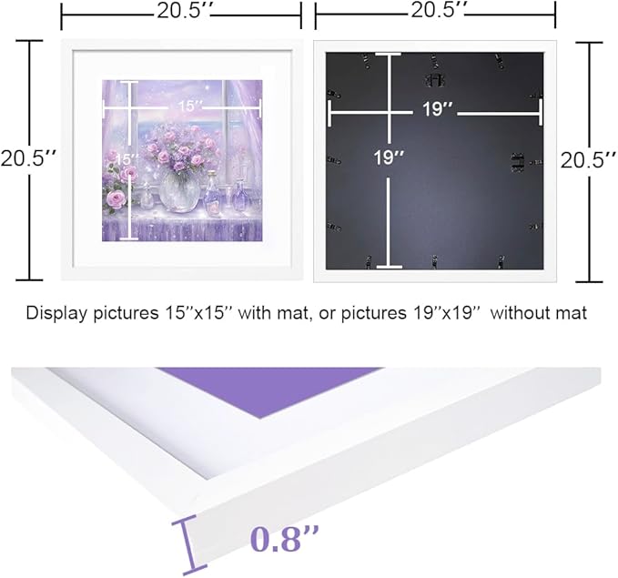 THREELOVE 19x19 Frame White, Display Picture 15x15 with mat or 19x19 Without mat, Photo Poster Picture Frame Wall Mounting Home Decor, 1-PCS