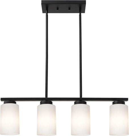 Farmhouse Dining Room Pendant Light Fixtures in Black Finish, 4-Lights Island Lighting with Opal White Glass Shades for Kitchen