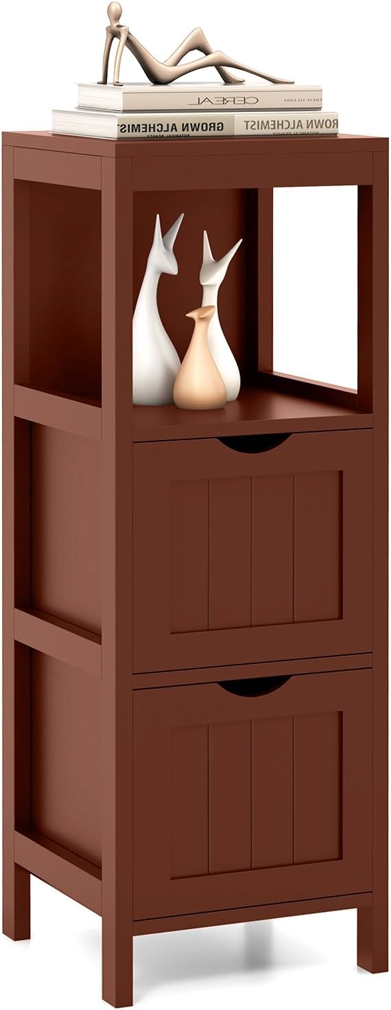 Tangkula Small Bathroom Storage Cabinet with 2 Removable Drawers, Wood Freestanding Floor Cabinet for Bathroom, Anti-Tipping Device, Side Corner Cabinet for Small Spaces (Brown)