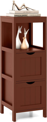 Tangkula Small Bathroom Storage Cabinet with 2 Removable Drawers, Wood Freestanding Floor Cabinet for Bathroom, Anti-Tipping Device, Side Corner Cabinet for Small Spaces (Brown)