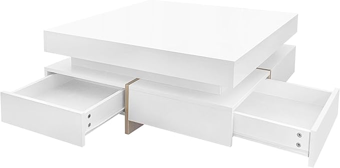 Modern Coffee Table with Storage, Contemporary Square Coffee Table with Drawers, High Gloss Modern Center Table for Living Room, Reception Room, Office, White, 31" D X 31" W X 11" H