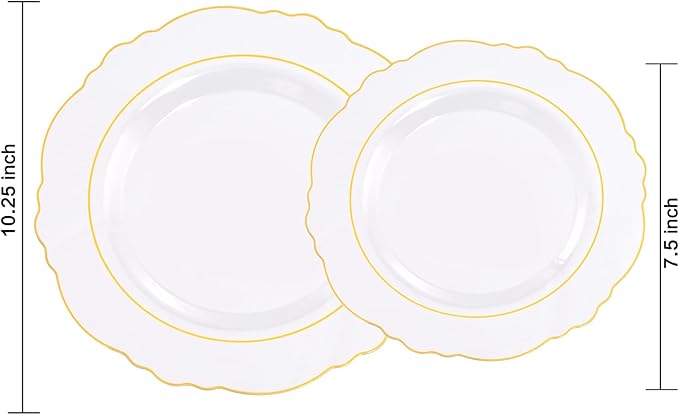 WDF 100pcs Clear Disposable Plastic Plates With Gold Trim - Baroque Clear Gold for Parties or Wedding or Father's Day - including 50PCS Dinner Plates 10.25inch and 50PCS Salad Plates 7.5inch