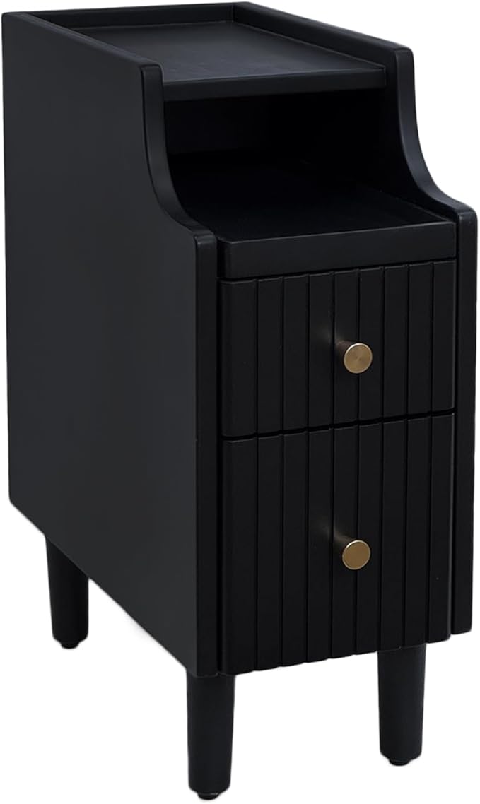 Narrow Nightstand with 2 Drawers, Fully Assembled Slim Bedside Table, Pre-Assembled Slim Nightstand for Small Spaces, Living Room, Bedroom, Black