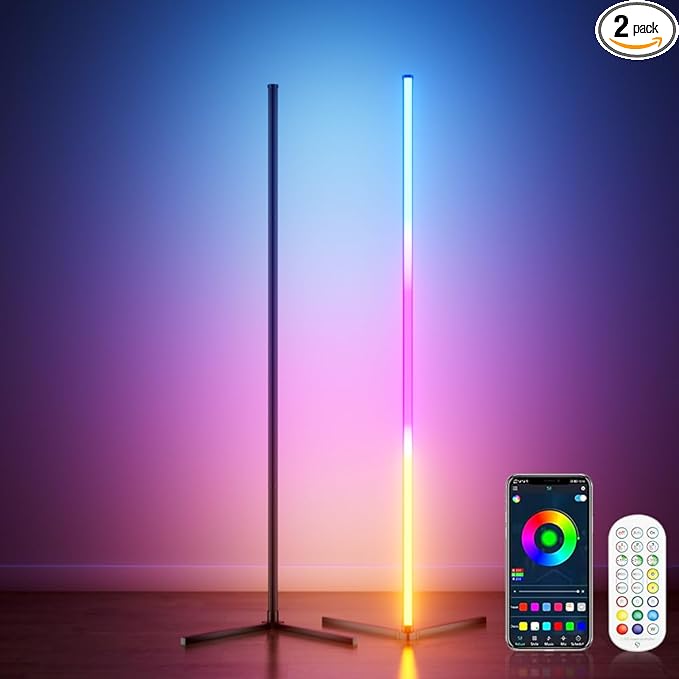 2PCS RGB Corner Floor Lamp, 64.5" RGB Color Changing Led Floor Lamp for Living Room APP and Remote Modern Light Bar with Music Sync and 16 Million Colors Dimmable Ambient Lighting for Bedroom