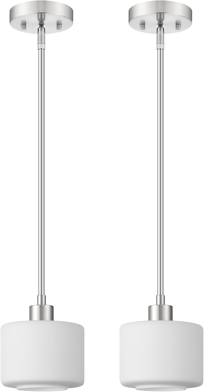 Milk Glass Pendant Lights Kitchen Island 2 Pack, Modern Brushed Nickel Hanging Light Fixtures with Rods, Mini Kitchen Pendant Lighting Over Island for Sink Bathroom, OS-YQ8153-2PBN