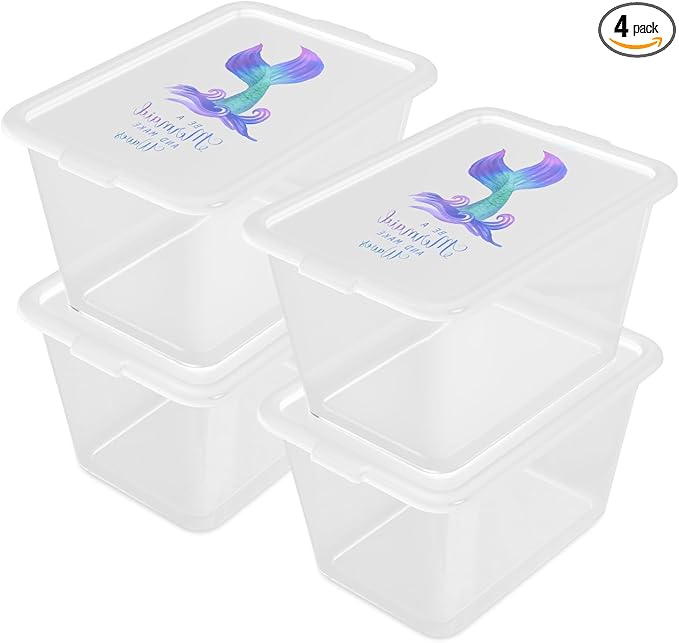 Storage Totes with Lids - Made in USA 14.5-Gallon (58-Quart) 4-Pack storage bins with lids plastic storage containers large storage boxes for Organizer Mermaid White/Clear