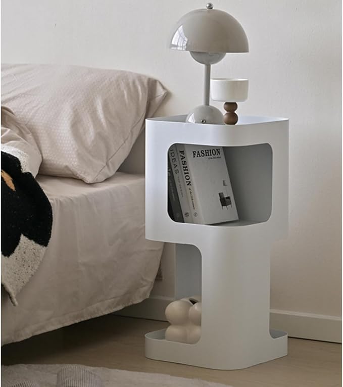 Modern Side Table,Small end Table for Small Spaces,Metal nightstand with Storage Shelf,Space-Saving Bedside Table Accent Table Drink Tables for Living Room,Bedroom.No Assembly Required (White)