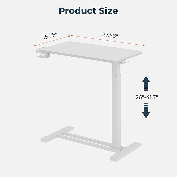 Medical Overbed Adjustable Bedside Table with Hidden Casters, Mobile Pneumatic Rolling Laptop Standing Desk with Tray for Home & Hospital Use, White Table Top + White Edging