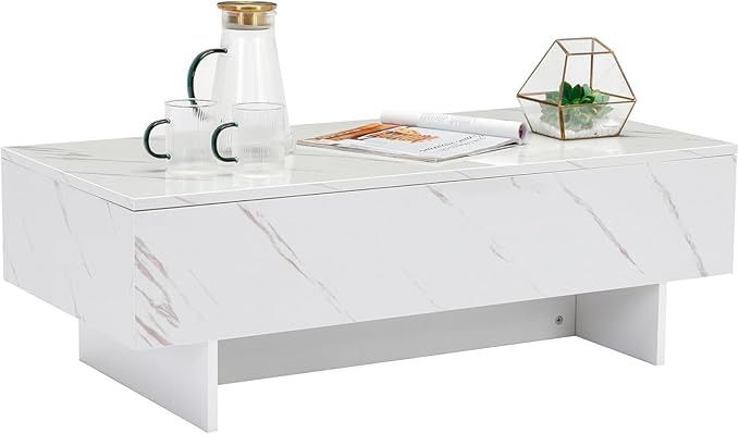 COSVALVE 41" Marble White Cool Coffee Table for Living Room,Rectangular Glossy Smart Contemporary Center Table for Waiting Area,White