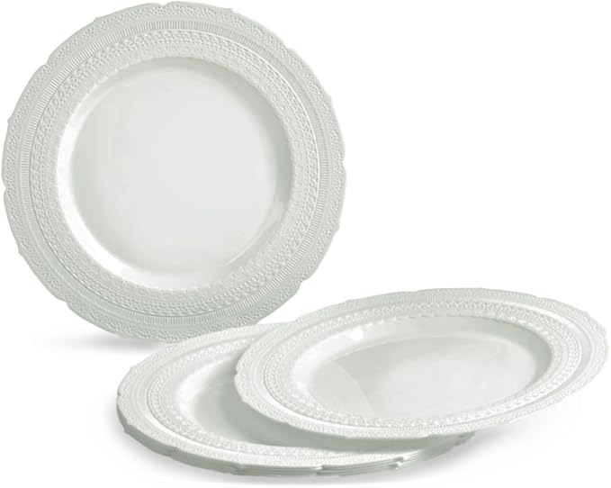 " OCCASIONS " 50 Plates Pack (25 Guests)-Extra Heavyweight Vintage Wedding Disposable/Reusable Plastic Plates -25x11'' Dinner + 25x8.25'' Salad/dessert (Chateau Collection Light Gray)