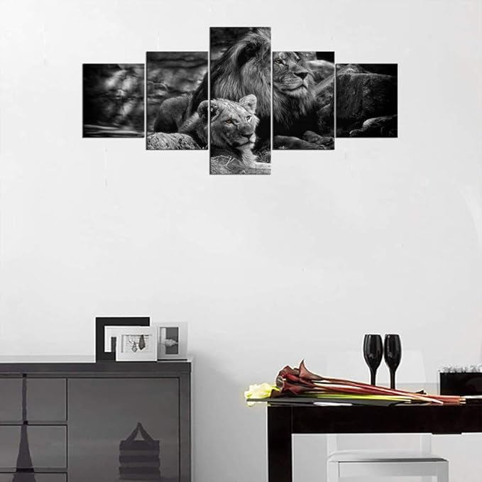 Yatsen Bridge 5 Piece Lion Picture Wall Decor Black and White Lion and Lioness Picture Printed on Canvas Modern Gallery-Wrapped Lion Painting Ready to Hang for Home and Office Decor - 50''W x 24''H