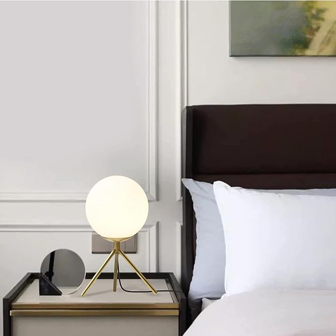 BOKT Mid Century Modern Table Lamp - Gold Glass Globe Desk Reading Lamp - Contemporary Minimalist Brushed Brass Bedside Desk Nightstand Industrial Vintage Bedside Table Light