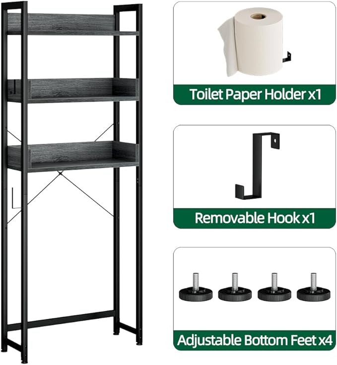 OTK Over-The-Toilet Storage, 3 Tier Bathroom Organizer Shelf, Freestanding Space Saver with Toilet Paper Holder, Multifunctional Over The Toilet Rack, Dark Grey