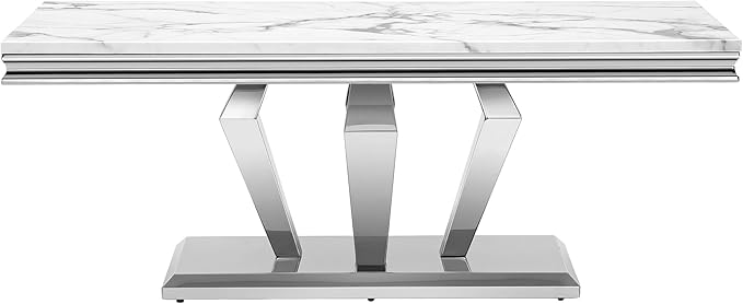 SSLine Rectangular Faux Marble Coffee Table for Living Room Modern Luxury White Marble Center Table with Silver Diamond Base 46.8" Mid-Century Cocktail Table with Mirrored Stainless Steel Frame