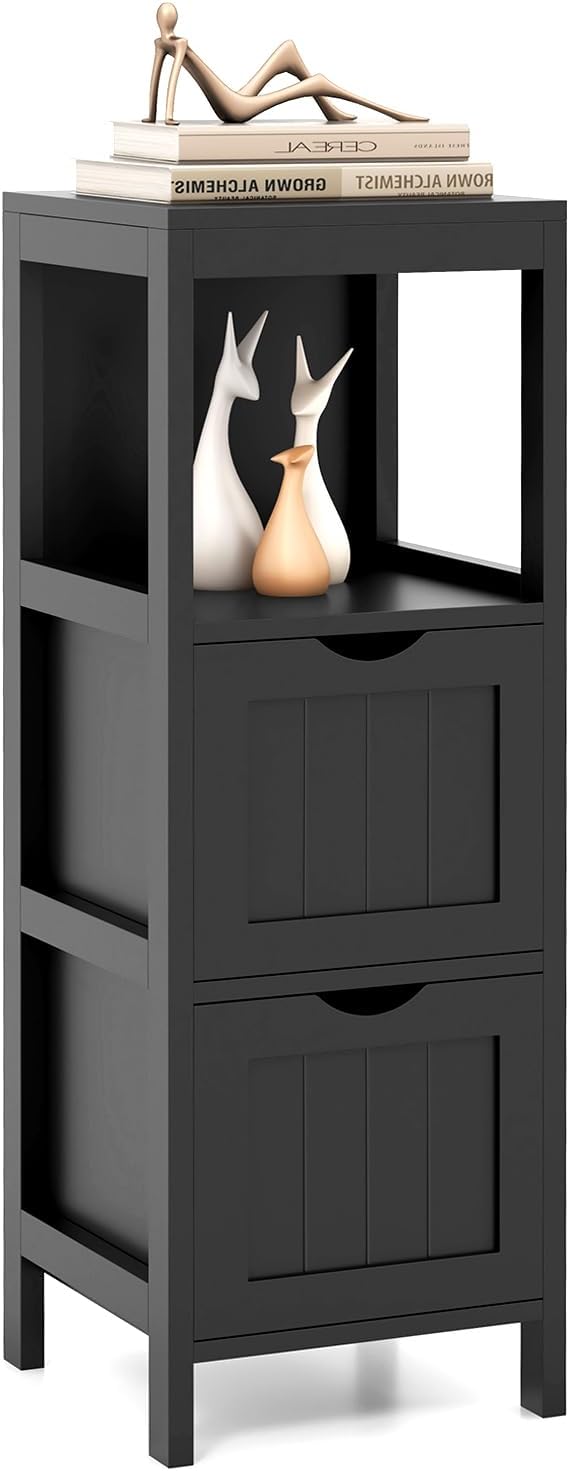 Tangkula Small Bathroom Storage Cabinet with 2 Removable Drawers, Wood Freestanding Floor Cabinet for Bathroom, Anti-Tipping Device, Side Corner Cabinet for Small Spaces (Black)