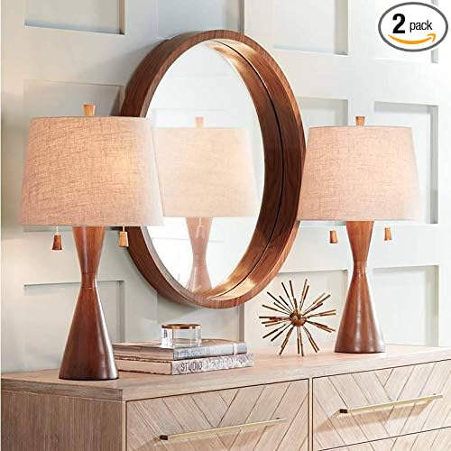 360 Lighting Omar Mid Century Modern Chic Style Table Lamps 28.75" Tall Set of 2 Warm Brown Wood Oatmeal Tapered Drum Shade Decor for Living Room Bedroom House Bedside Nightstand Home