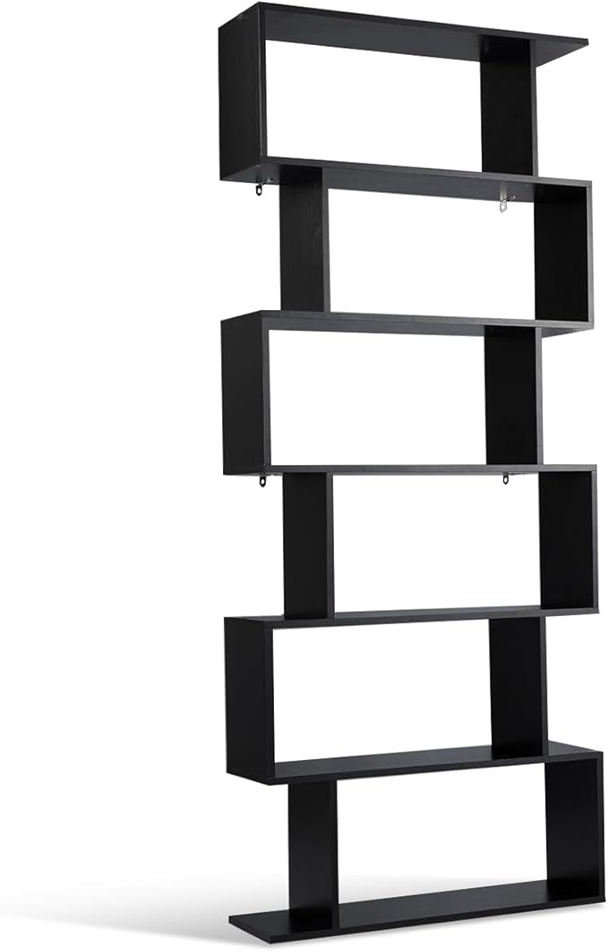 Tangkula 6-Tier Geometric Bookcase, Modern S-Shaped Storage Display Bookshelf for Living Room, Anti-Toppling Device, Home Office Wooden 6 Shelf Open Bookcase (1, Black)