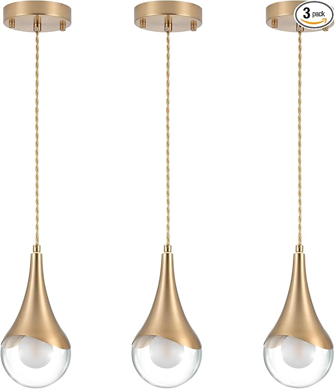 MWZ Gold Pendant Lights Kitchen Island 3 Pack, Modern Brass Raindrop Pendant Light Fixture Over Table with Clear Glass Globe Shade,Mini Teardrop Chandelier,Adjustable Cord Hanging Lighting for Sink