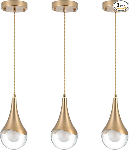 MWZ Gold Pendant Lights Kitchen Island 3 Pack, Modern Brass Raindrop Pendant Light Fixture Over Table with Clear Glass Globe Shade,Mini Teardrop Chandelier,Adjustable Cord Hanging Lighting for Sink