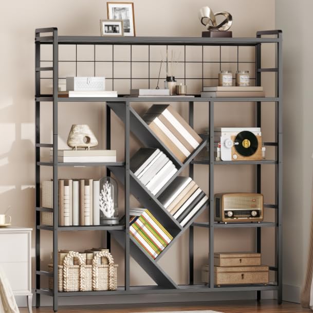 Industrial Triple 5-Tier Bookshelf, Large Wide Bookcase with 20 Open Display Shelves, Modern Tree Bookcase Metal Frame Bookshelf with Hanging Function for Living Room Home Office, Black