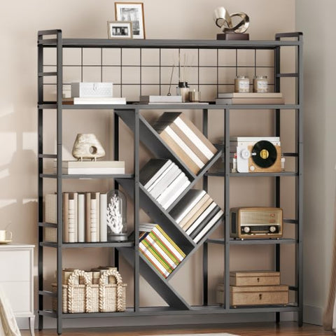 Industrial Triple 5-Tier Bookshelf, Large Wide Bookcase with 20 Open Display Shelves, Modern Tree Bookcase Metal Frame Bookshelf with Hanging Function for Living Room Home Office, Black