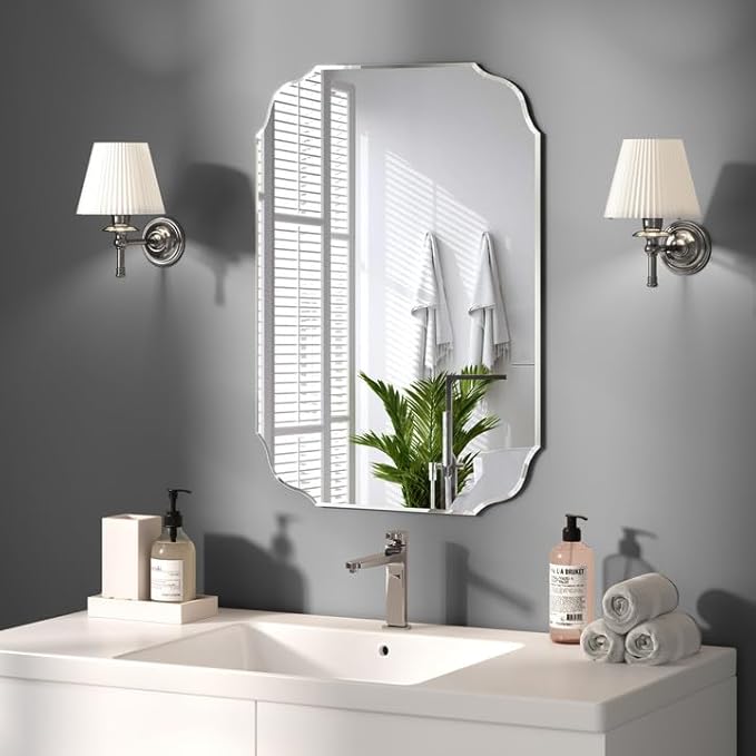 KOHROS Frameless Scalloped Beveled Edges Mirror 20" x 28" Bathroom Mirrors for Over Sink Silver Wall Mirror for Bathroom, Vanity, Bedroom (Horizontal or Vertical)