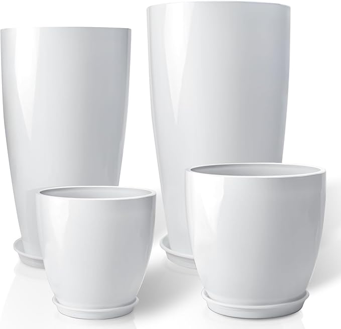 ZMTECH 24/21/12/10" H Large Plastic Planters with Drainage Hole and Saucer -Set of 4 Tall Plant Pots for Indoor & Outdoor Use,White Glossy Smooth Lightweight Flower Pot for Front Porch Patio Deck