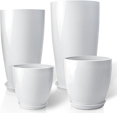 ZMTECH 24/21/12/10" H Large Plastic Planters with Drainage Hole and Saucer -Set of 4 Tall Plant Pots for Indoor & Outdoor Use,White Glossy Smooth Lightweight Flower Pot for Front Porch Patio Deck