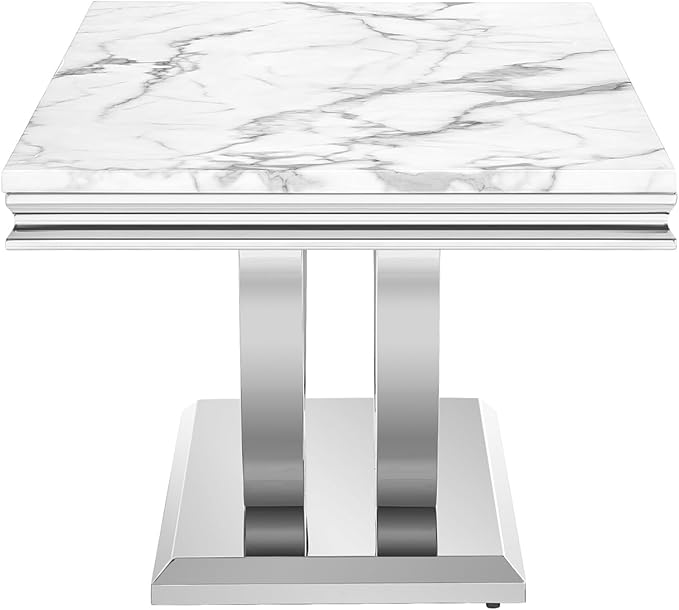 SSLine Rectangular Faux Marble Coffee Table for Living Room Modern Luxury White Marble Center Table with Silver Dual U-Shape Base 46.8" Mid-Century Cocktail Table with Mirrored Stainless Steel Frame