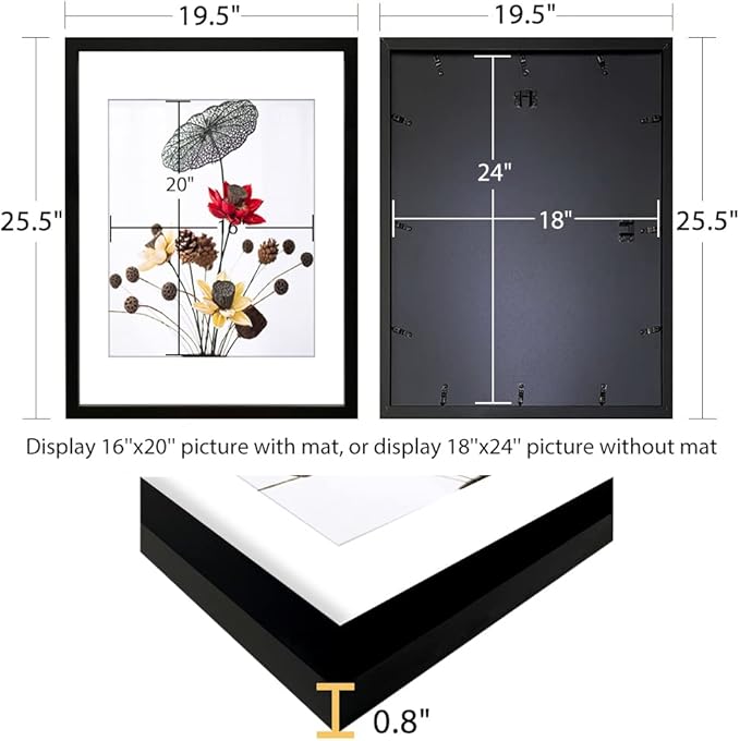 THREELOVE 18x24 Frame Black, Display 16x20 Picture with Mat or 18x24 Without Mat, Photo Poster Frame Wall Mounting, Set of 3