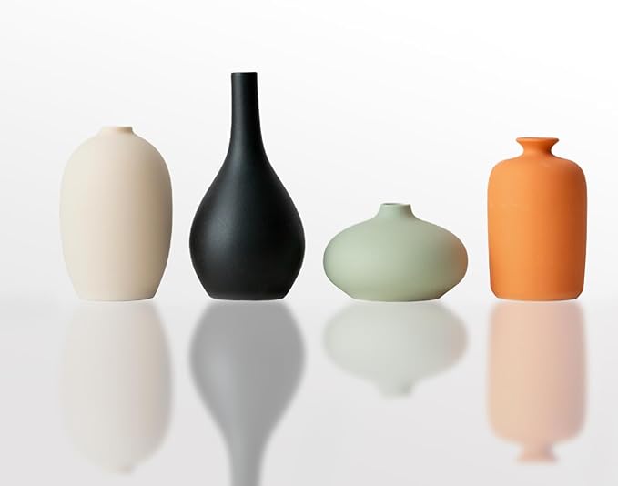 Small Matte Ceramic Vase Set of 4 - Rustic Farmhouse Decorative Vases for Shelf,Office, Home & Bohemian Style - Modern Decor Design Living Room, Table, Mantel,Colorful Unique Flower Vases