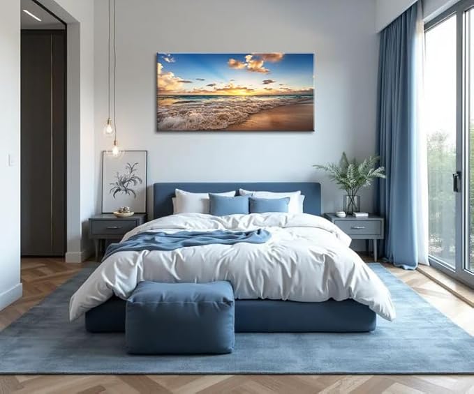 Large Beach Wall Art for Living Room Coastal Canvas Painting Decor - Sunrise Ocean Picture Nature Seascape Artwork Poster Print for Office Bedroom Decoration 20"x40"