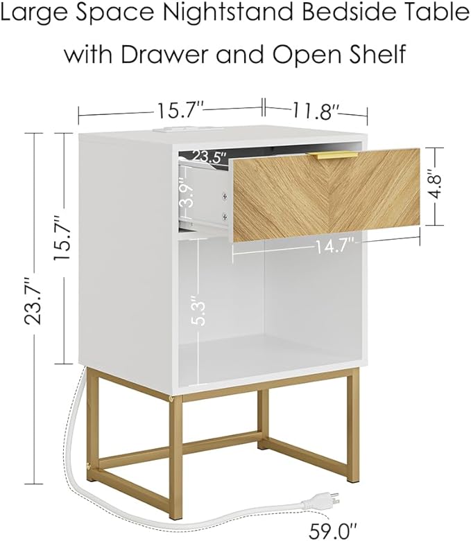 Masupu Nightstand with Charging Station,Modern Night Stand Boho Farmhouse Wood Bedside Table with Storage Drawer Side End Table for Bedroom,Living Room,Office,White with Outlet